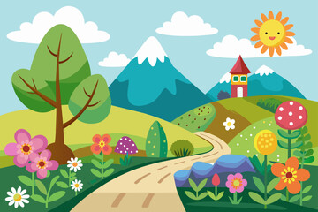 Wall Mural - A charming cartoon road with vibrant flowers blooming on either side, set against a pristine white background.