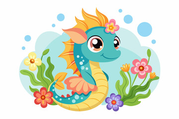 Poster - The charming seahorse cartoon adorned with beautiful flowers creates a whimsical and enchanting atmosphere.