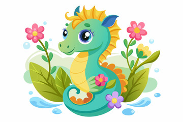 Poster - A charming cartoon seahorse adorned with vibrant flowers.