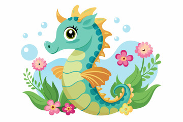 Sticker - Charming seahorse cartoon with flowers adorns the image.