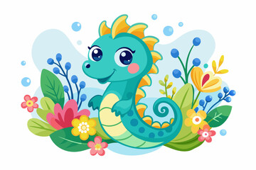 Poster - A charming cartoon seahorse adorned with vibrant flowers swims gracefully through the ocean depths.