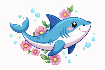 Sticker - Charming shark cartoon animal holding colorful flowers