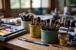 A watercolor artist’s workspace, filled with colorful paints, brushes, and a work-in-progress painting Generative AI