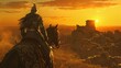 A lone knight adorned in chainmail and a plumed helmet rides astride his powerful stallion both facing away from the camera. The sun . .