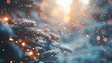 Fototapeta  - A winter Christmas background sets the stage with gently falling snow and a beautiful blurred bokeh effect, creating a magical and festive atmosphere.