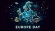 Europe day illustration with polygonal digital map of europe.