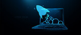 Fototapeta Łazienka - Laptop with a rocket. Social media marketing. Business startup. Low polygonal, wireframe, and mesh illustration