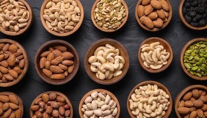 Mixed Nuts Masterpiece: Almonds, Pistachio, Walnuts on Black Stone