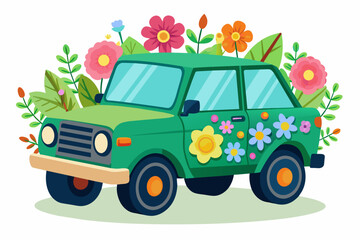 Poster - Charming cartoon SUV adorned with vibrant flowers on a pristine white backdrop.