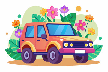 Poster - A charming SUV adorned with flowers blooms on a white background.