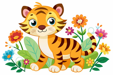 Wall Mural - Charming tiger cartoon holding flowers on a white background.