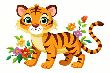 Sticker - Charming cartoon tiger adorned with flowers, creating a whimsical and adorable image.