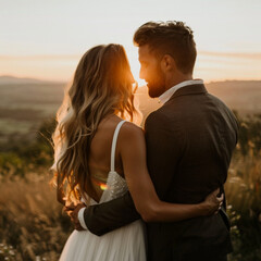 Wall Mural - couple back turned to camer looking into the sunset 