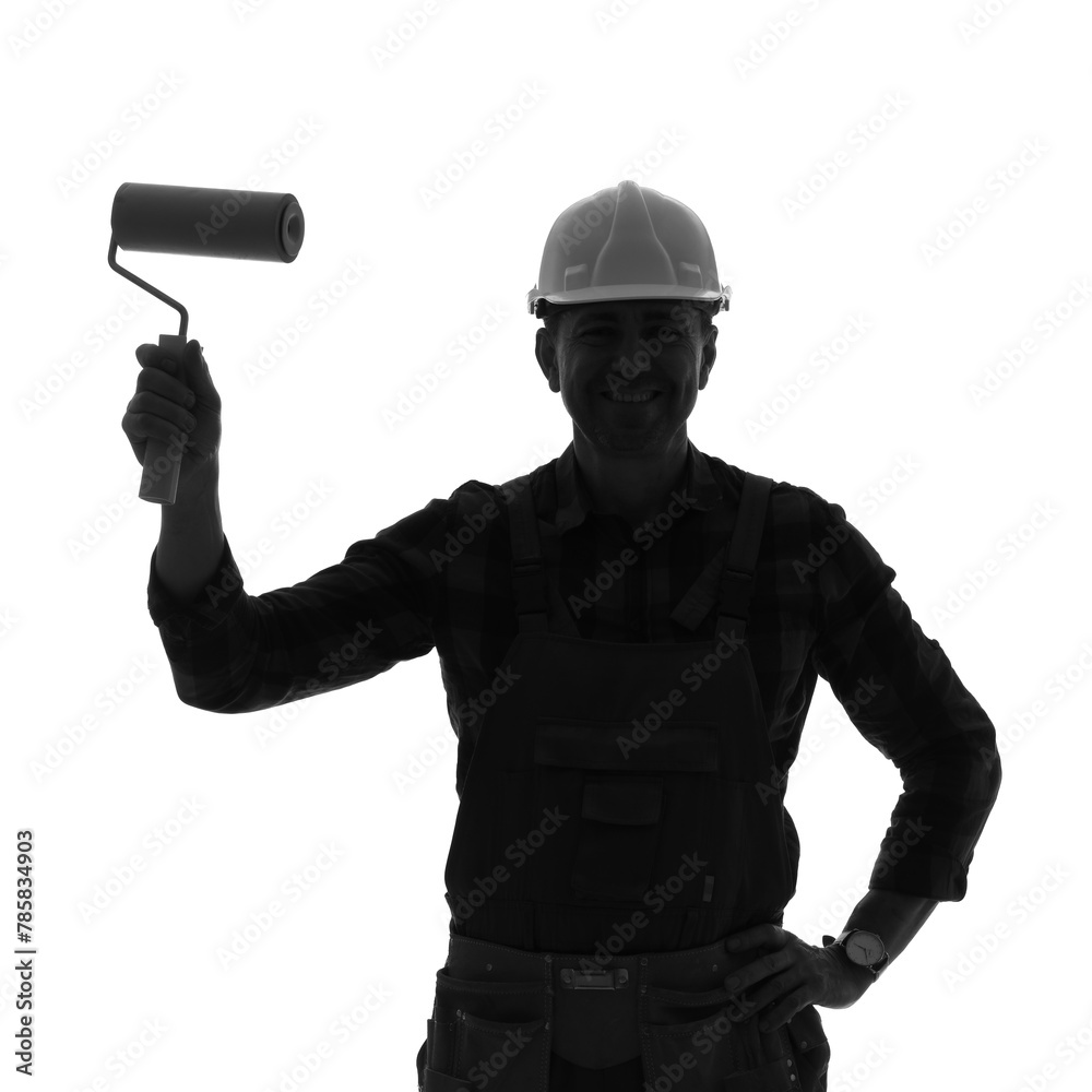 Silhouette of mature decorator with paint roller on white background