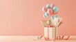 3D clay scene of balloons escaping an opened gift box, set on a smooth gradient background
