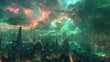 Psychic Storm Over Modern City - Colorful Energy Bolts Reshaping Buildings and Streets