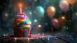 Hyper Realistic Cupcake with Colorful Swirls and Celebration Setting