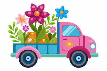 Wall Mural - A cartoon truck decorated with vibrant flowers rolls merrily along.