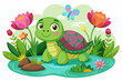 Charming turtles adorned with vibrant flowers bask in the sunlight.