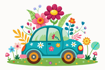 Sticker - A charming cartoon vehicle adorned with vibrant flowers blossoms against a pure white backdrop.