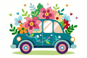 Adorable cartoon vehicle adorned with vibrant flowers on a pristine white background.