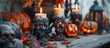 Dimly lit candles are flickering on a mantel surrounded by eerie Halloween decorations like skulls and pumpkins