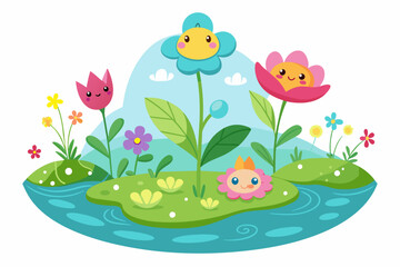 Sticker - Charming water cartoon with colorful flowers on a white background.