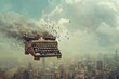 imaginative concept of writers creativity typewriter soaring above cityscape digital illustration