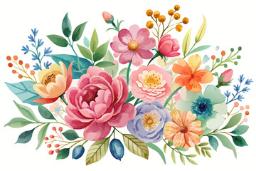 Poster - Charming watercolor flowers in vibrant hues adorn a pristine white background.