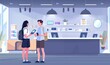 Portrait of salesman helping to woman to buy a new digital device in tech shop, Generative AI 