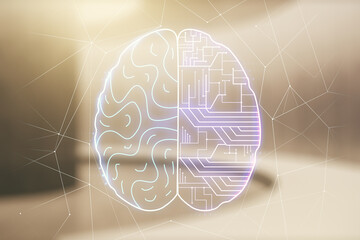 Aufkleber - Double exposure of creative artificial Intelligence interface on empty modern office background. Neural networks and machine learning concept