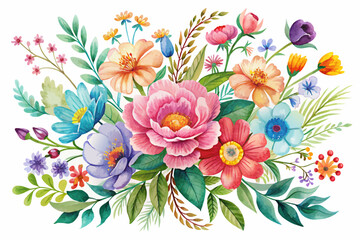 Poster - Watercolor flowers bloom with vibrant hues on a pristine white canvas.