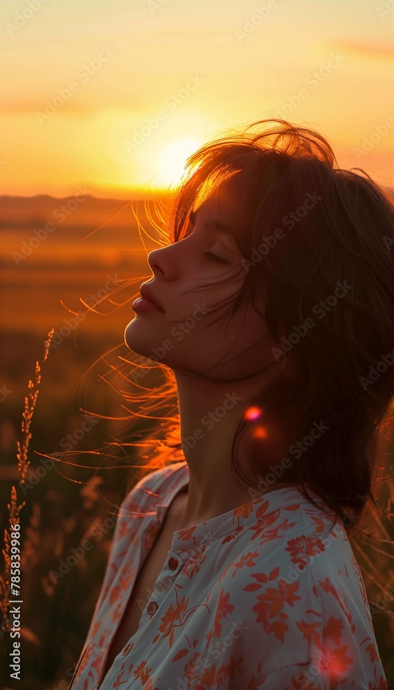 woman hair blowing wind field golden hour closeup fashion model face closed eyes singularities wonder devotion young synthetic bio skin hand chin roman nose wistful bosom sunbeam