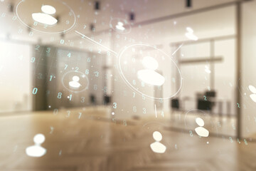 Fototapete - Double exposure of social network icons hologram on a modern furnished office interior background. Networking concept