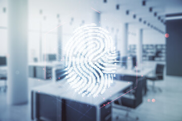 Aufkleber - Multi exposure of virtual creative fingerprint hologram on modern corporate office background, personal biometric data concept