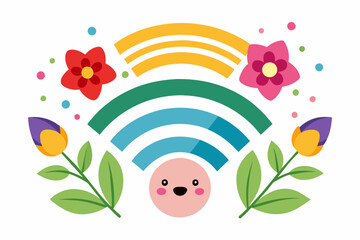 Wall Mural - A charming cartoon Wi-Fi signal with flower embellishments adorns a white background.