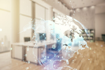 Aufkleber - Abstract virtual coding illustration and world map on a modern furnished classroom background, international software development concept. Multiexposure