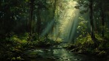 Fototapeta  - stream forest sunbeams trees furry bright young haunting brush strokes shining