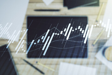 Aufkleber - Abstract creative financial graph and modern digital tablet on background, top view, forex and investment concept. Multiexposure