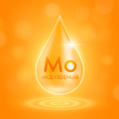 Water drop serum molybdenum minerals from nature on orange background. Collagen solution or vitamins complex essential. For ads cosmetics medical. Vector EPS10.