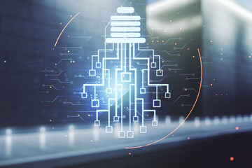 Poster - Virtual creative light bulb illustration with microcircuit on blurry contemporary office building background, future technology concept. Multiexposure