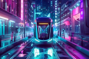 Wall Mural - futuristic urban transportation sleek tram and metro in neonlit cyberpunk city digital illustration