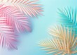 two palm leaves shown against blue background pastel vibe summer palette blur candy decorations colors subtle color variations