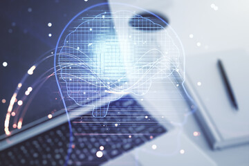 Poster - Double exposure of creative artificial Intelligence symbol with modern laptop on background. Neural networks and machine learning concept