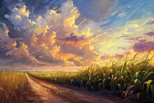 Golden Sugarcane Field Under Dramatic Cloudy Sky At Sunset Agricultural Landscape Digital Painting
