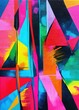 Geometric fluorescent colors painting with oil paint blending on canvas. Contemporary painting. Modern poster for wall decoration