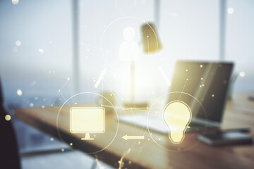 Poster - Double exposure of social network icons concept with computer on background. Networking concept