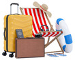Summer holiday with Luggage, beach chairs, umbrella, camera and beach accessories. Summer vacation concept for travel agency advertise sale or represent. 3d rendering