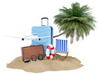 Summer holiday with Luggage, beach chairs, airplane, passport, camera, coconut tree and beach accessories. Summer vacation concept for travel agency advertise sale or represent. 3d rendering