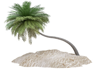 Sandy island and coconut palm tree isolated on background. Piece of round beach with sand for vacation, travel, summer, leisure and enjoy. Summer beach vacation scene concept. 3d rendering